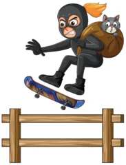 Fototapete Rund Kinder Masked Thief Skateboarding Over Fence With Cat in Bag  © GraphicsRF
