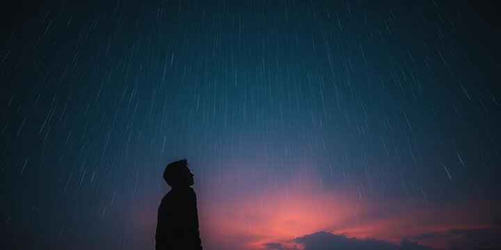 Melancholy figure beneath a starlit, rainy sky, evoking lo-fi mood, night, sad