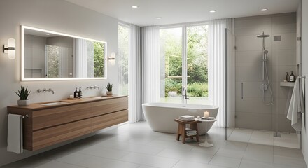 Modern bathroom interior with large mirror bathtub and window overlooking garden