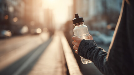 Female hand holding a water bottle after workout, symbolizing fitness, hydration, healthy lifestyle, exercise recovery, energy, and wellness in an active setting.
