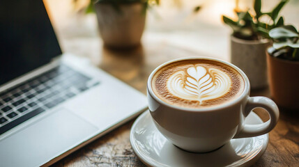 Flatlay of coffee cup laptop and notebook organized workspace creative productivity remote work concept morning routine focus inspiration cozy desk setup modern minimal aesthetic