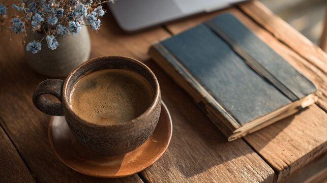 Flatlay of coffee cup laptop and notebook organized workspace creative productivity remote work concept morning routine focus inspiration cozy desk setup modern minimal aesthetic