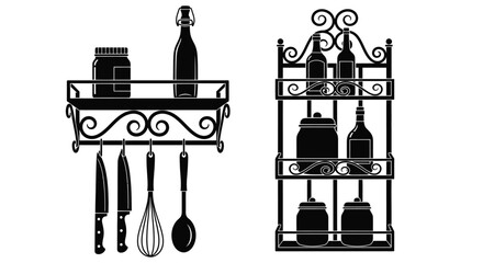 Decorative kitchen shelves with utensils and spice jars illustration