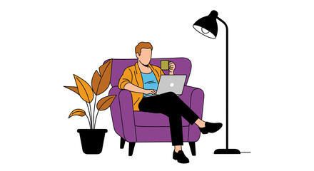 Remote worker working from home on laptop in armchair illustration