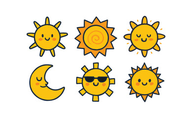 Set of cartoon sun icons showing happy yellow smiling faces, bright vector sunlight, and hot summer weather illustrations