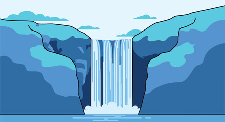 Explore cartoon waterfall scenery with snowy mountain illustration