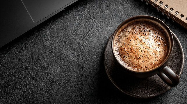 Flatlay of coffee cup laptop and notebook organized workspace creative productivity remote work concept morning routine focus inspiration cozy desk setup modern minimal aesthetic