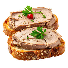 Simple smørrebrød with liver pâté, a delicious and traditional open-faced sandwich, cleanly isolated on white background for a studio shot with copy space

