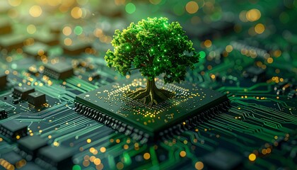 A vibrant, detailed fusion of technology and nature, with an electronic board and tree
