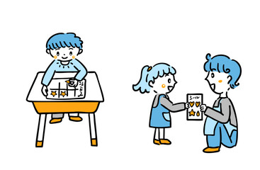 シールをもらう貼る子ども／教育・療育現場に使える手描き風イラスト