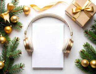 Flat lay of Christmas playlist on paper with headphones and festive decorations