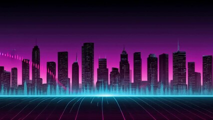 Futuristic Cyberpunk Cityscape with Neon Grid and Retro Vibes Background Loop - Powered by Adobe