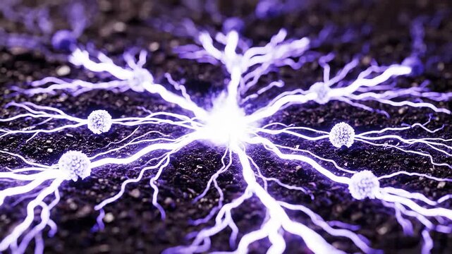 A time-lapse, stylized macro shot of a mycelial network, where separate, glowing indigo nodes (mitochondria) grow filaments that fuse into a powerfully glowing web.