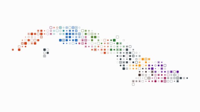 Cuba map animation. Shape of the country with pulsating colored dots. Small size rounded square blocks. Digital style Cuba map on white background. Beautiful video.