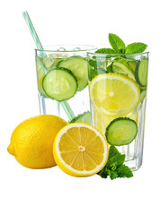 Fototapeta premium Spa-style lemon and cucumber infused water in a carafe, a pure and hydrating wellness beverage, isolated on a white background