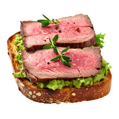 Classic smørrebrød with roast beef and remoulade isolated on white background, an elegant and traditional danish open-faced sandwich appetizer
