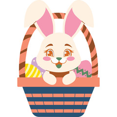 Adorable Cream Colored Easter Bunny Peeking From A Woven Basket Full Of Colorful Painted Eggs On Transparent Background