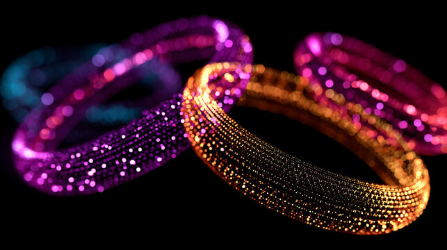 Floating glowing rings with motion blur, creating a dynamic, futuristic, and ethereal visual effect with vibrant light, movement, and abstract energy.
