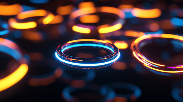 Floating glowing rings with motion blur, creating a dynamic, futuristic, and ethereal visual effect with vibrant light, movement, and abstract energy.
