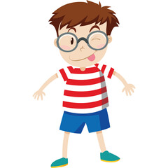 Cartoon boy with glasses and freckles wearing a red and white striped t-shirt and blue shorts winking and sticking out tongue playful expression isolated on transparent background