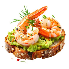 Classic danish smørrebrød with shrimp isolated on white background, an elegant and fresh open-faced sandwich appetizer for any occasion
