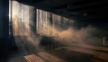 Dimly lit room with sunlight streaming through blinds and smoke.