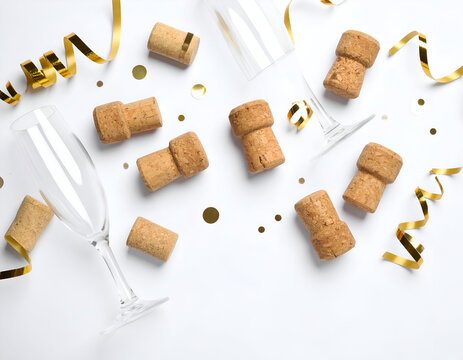 Luxurious flat lay of champagne corks, a delicate glass, and gleaming gold confetti, perfectly set for New Year's Eve, anniversaries, and all festive celebrations