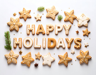 Festive Flat Lay Christmas Cookies Spell "Happy Holidays" on a White Background for Holiday Cheer