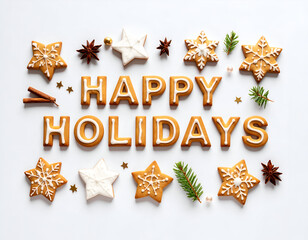 Happy Holidays text made of delicious cookies surrounded by Christmas decorations on a white background