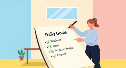 An illustrated woman proudly points to her completed daily goals checklist, including workout, reading, and errands.