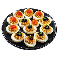 Luxurious caviar-stuffed eggs, a simple yet sophisticated bite-sized appetizer, arranged on a dark surface and cleanly isolated on white background