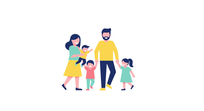 A stylized illustration depicts a happy, diverse family of five, including parents and three young children, walking together against a clean white background.