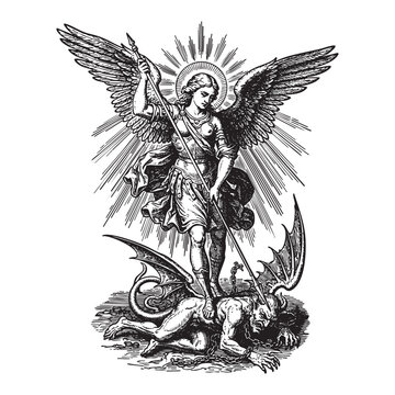 Archangel Michael Slaying Satan Devil Engraving Vector Illustration