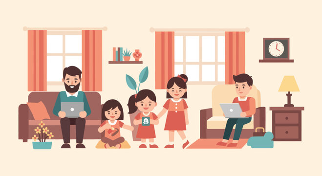 Modern family at home, parents and children engaged with digital devices in a cozy living room setting. - Powered by Adobe