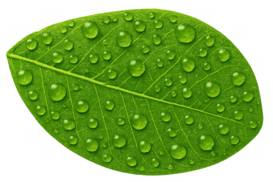Green leaf showing abundant water drops, symbolizing freshness, purity, and environmental conservation with a transparent background