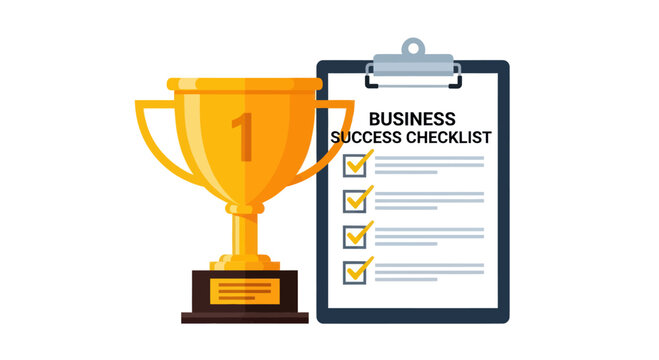 A golden trophy with the number one stands beside a clipboard displaying a business success checklist with checked boxes. - Powered by Adobe