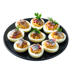 Rustic herring-stuffed eggs, a simple and delicious scandinavian party food, arranged on a dark surface and cleanly isolated on white background