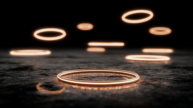 Floating glowing rings with motion blur, creating a dynamic, futuristic, and ethereal visual effect with vibrant light, movement, and abstract energy.
