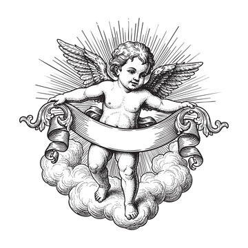 Flying Cherub with Blank ribbon Banner Engraving Vector Illustration