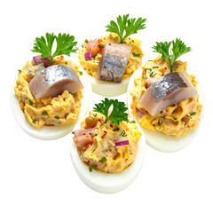 Tangy stuffed eggs with pickled herring, a simple and delicious party appetizer, cleanly isolated on white background for a studio shot with copy space
