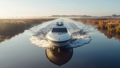 Sleek Motorboat Gliding Through Calm Waters at Sunrise, Reflecting on the Surface