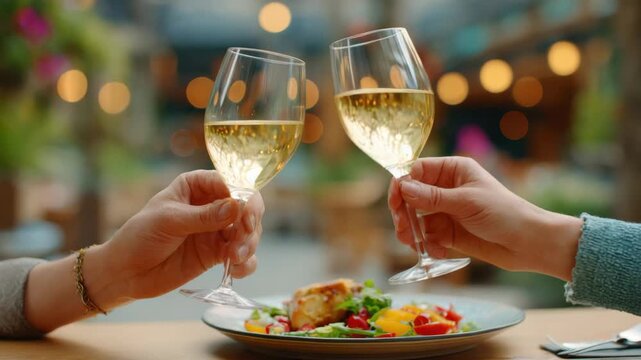 Elegant wine toast with glass over gourmet salad and romantic dinner celebrating international business etiquette highlighted