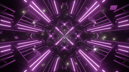 Abstract 2D animation of multiple purple neon lamps turning on and off in a rhythmic loop, with floating geometric shapes and glowing particles - Powered by Adobe