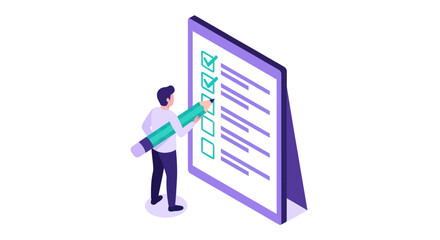 A person is depicted completing a checklist on a large board with a pencil, marking items with checkmarks.