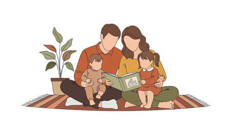 A happy family of four, including parents and two young children, sits on a rug reading a storybook together.