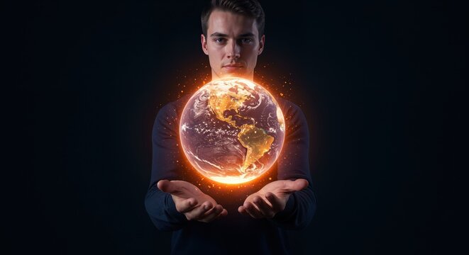 Guarding the Globe: A thoughtful person cradles a glowing, stylized representation of planet earth within their open palms, creating a visual metaphor for stewardship and responsibility.
