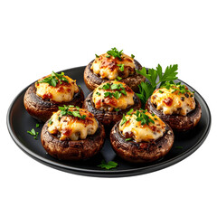 Savory stuffed mushrooms on a dark plate, a delicious and elegant appetizer filled with herbs, cheese, and breadcrumbs, perfect for parties