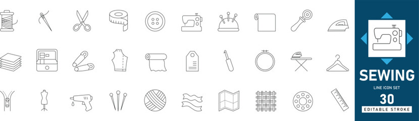 Line and editable sewing icon set featuring needle, thread, scissors, button, and fabric. Perfect for tailoring, craft, and fashion design vector illustration.