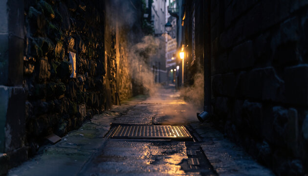 Dark alleyway with steam rising from a grate at night.