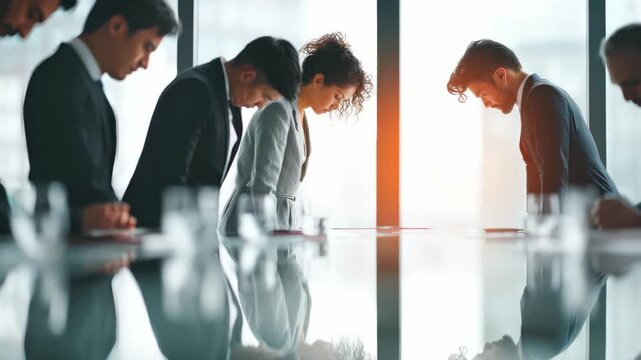 International business meeting professionals bowing modern office showing respect etiquette creating respectful global workplace
